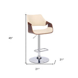 Cream and Silver Faux Leather Iron And Wood Adjustable Height Swivel Bar Chair