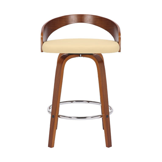 26" Cream and Brown Faux Leather and Solid Wood Low Back Counter Height Swivel Bar Chair