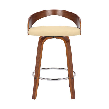 26" Cream and Brown Faux Leather and Solid Wood Low Back Counter Height Swivel Bar Chair