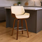 26" Cream And Brown Faux Leather And Solid Wood Swivel Counter Height Bar Chair