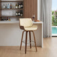 30" Cream And Brown Faux Leather And Solid Wood Swivel Bar Height Bar Chair