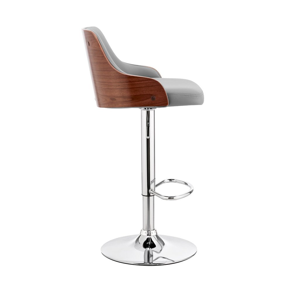 Gray And Silver Faux Leather And Iron Adjustable Height Swivel Bar Chair