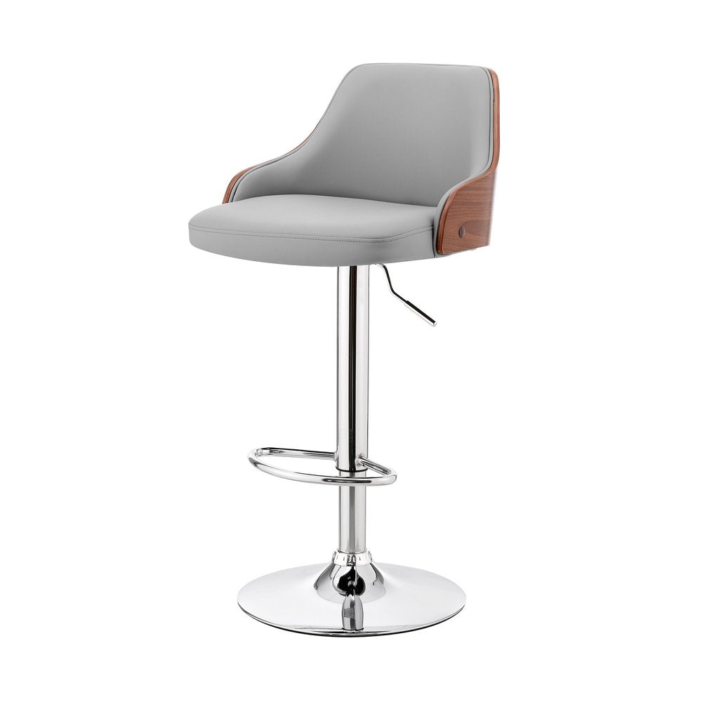 Gray And Silver Faux Leather And Iron Adjustable Height Swivel Bar Chair
