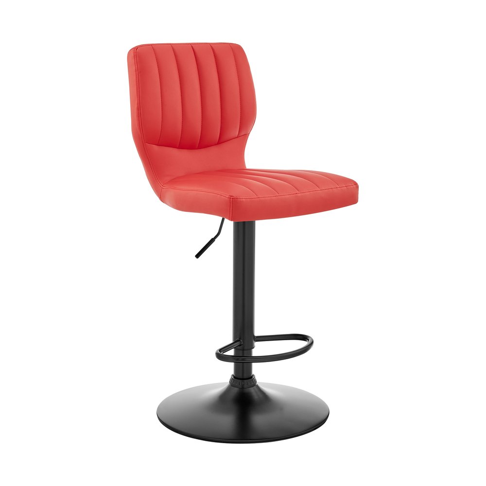 Red and Black Faux Leather And Iron Adjustable Height Swivel Bar Chair