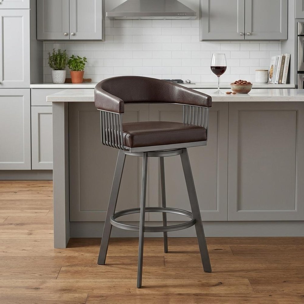 25" Chocolate And Gray Iron Swivel Low Back Counter Height Bar Chair