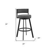 26" Gray And Black Faux Leather And Iron Swivel Low Back Counter Height Bar Chair