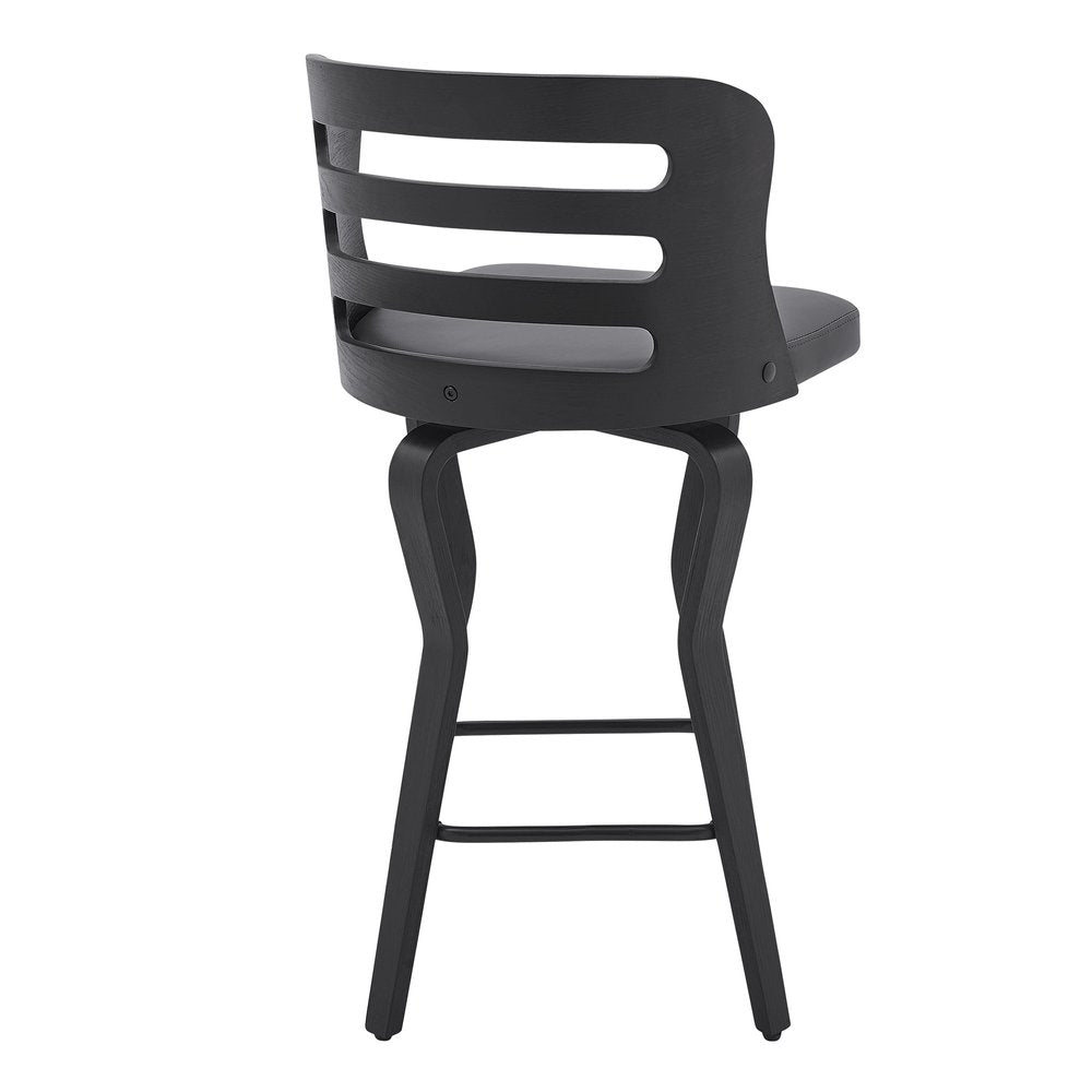 25" Gray And Black Faux Leather And Fabric And Iron Low Back Counter Height Swivel Bar Chair