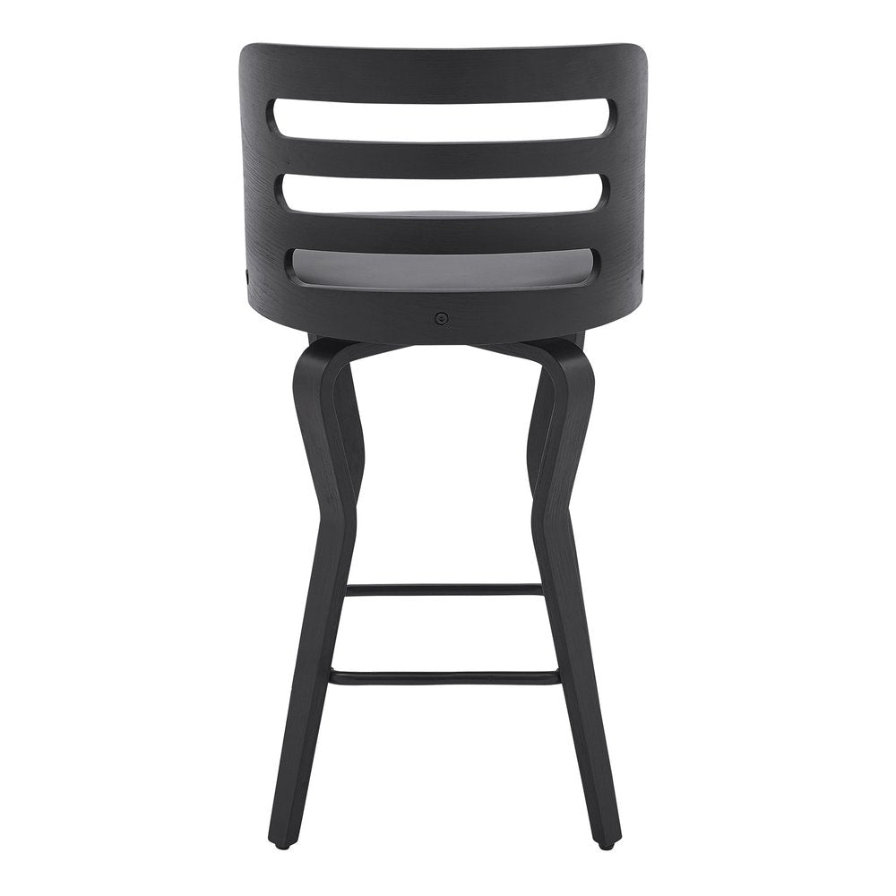25" Gray And Black Faux Leather And Fabric And Iron Low Back Counter Height Swivel Bar Chair
