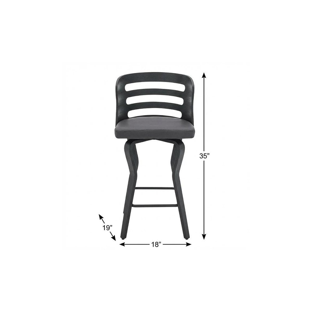 25" Gray And Black Faux Leather And Fabric And Iron Low Back Counter Height Swivel Bar Chair