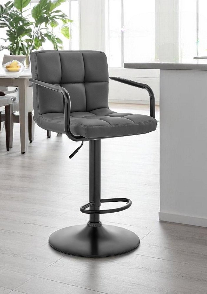 25" Gray And Black Faux Leather And Iron Swivel Low Back Adjustable Height Bar Chair