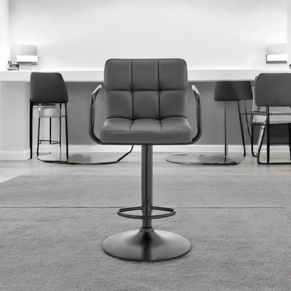 25" Gray And Black Faux Leather And Iron Swivel Low Back Adjustable Height Bar Chair