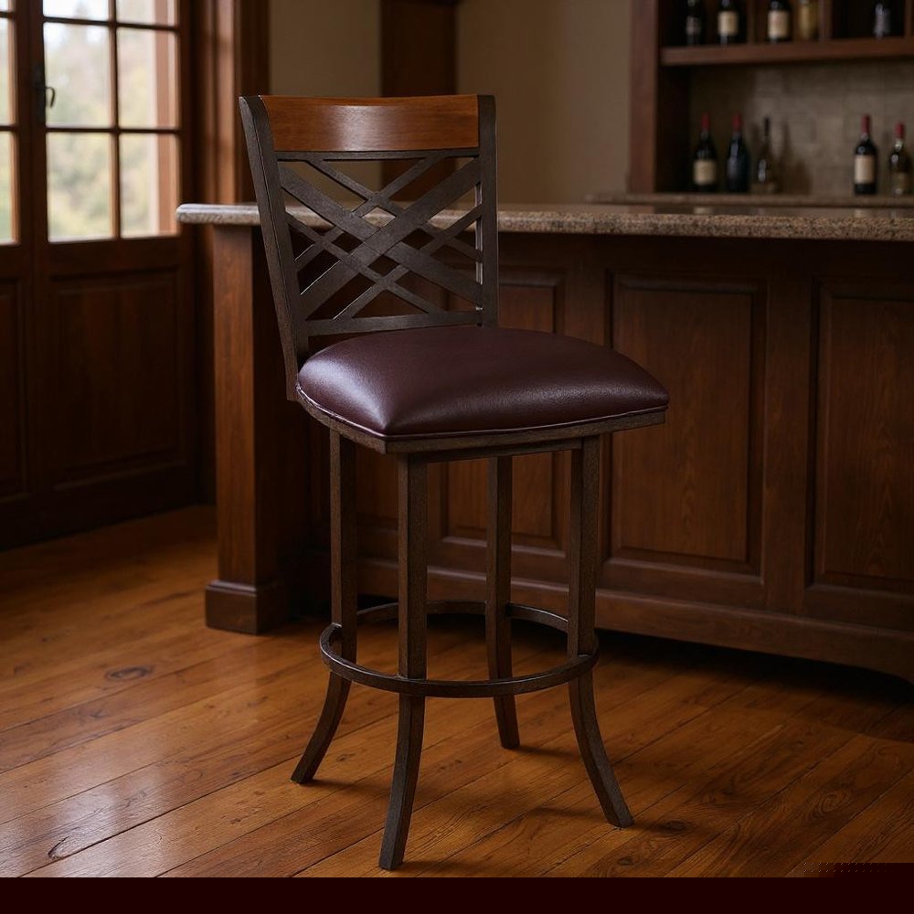 30" Brown Faux Leather And Iron Bar Height Bar Chair