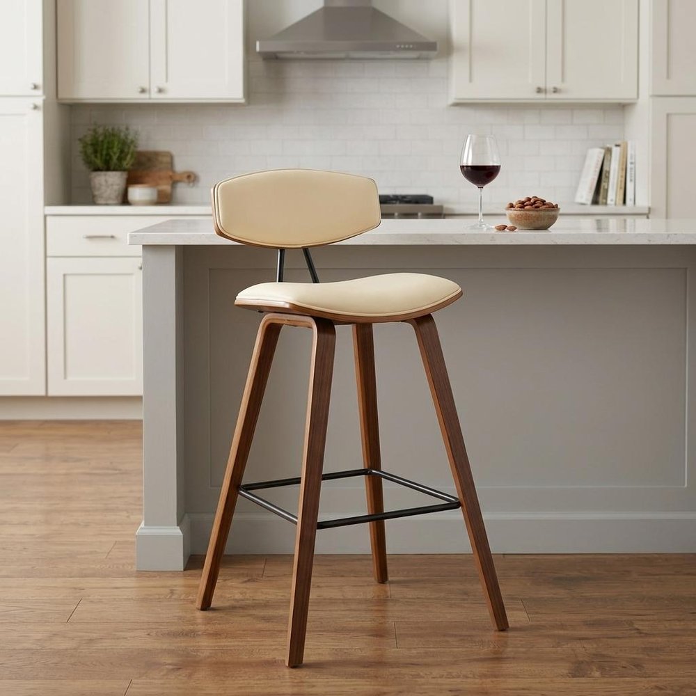 26" Cream and Brown Fabric and Iron Low Back Counter Height Bar Chair