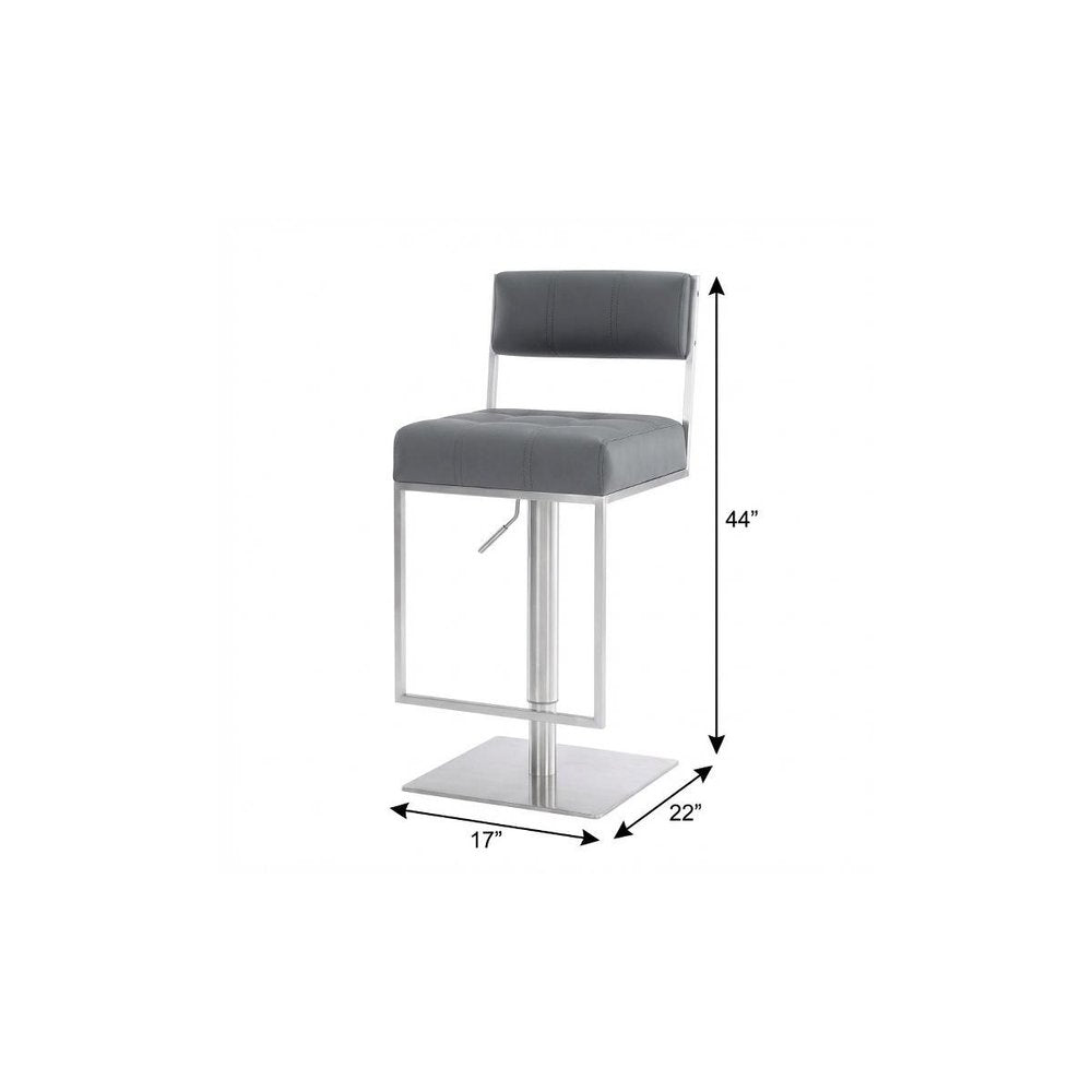 25" Gray And Silver Faux Leather And Iron Swivel Low Back Adjustable Height Bar Chair