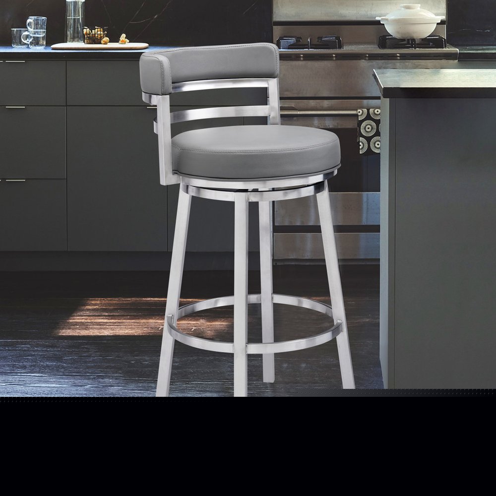 26" Gray And Silver Faux Leather And Iron Swivel Low Back Counter Height Bar Chair