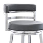 26" Gray And Silver Faux Leather And Iron Swivel Low Back Counter Height Bar Chair