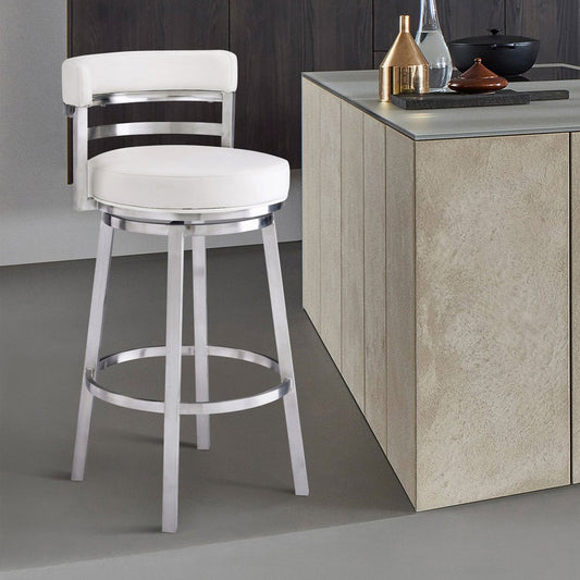 30" White and Silver Faux Leather and Iron Low Back Bar Height Swivel Bar Chair