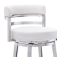 30" White and Silver Faux Leather and Iron Low Back Bar Height Swivel Bar Chair