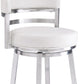 26" White And Silver Faux Leather And Iron Swivel Low Back Counter Height Bar Chair