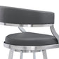 30" Gray and Silver Faux Leather and Iron Low Back Bar Height Swivel Bar Chair