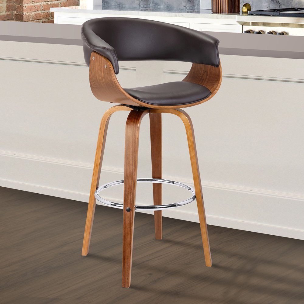31" Brown Faux Leather And Solid Wood Swivel Low Back Bar Height Bar Chair
