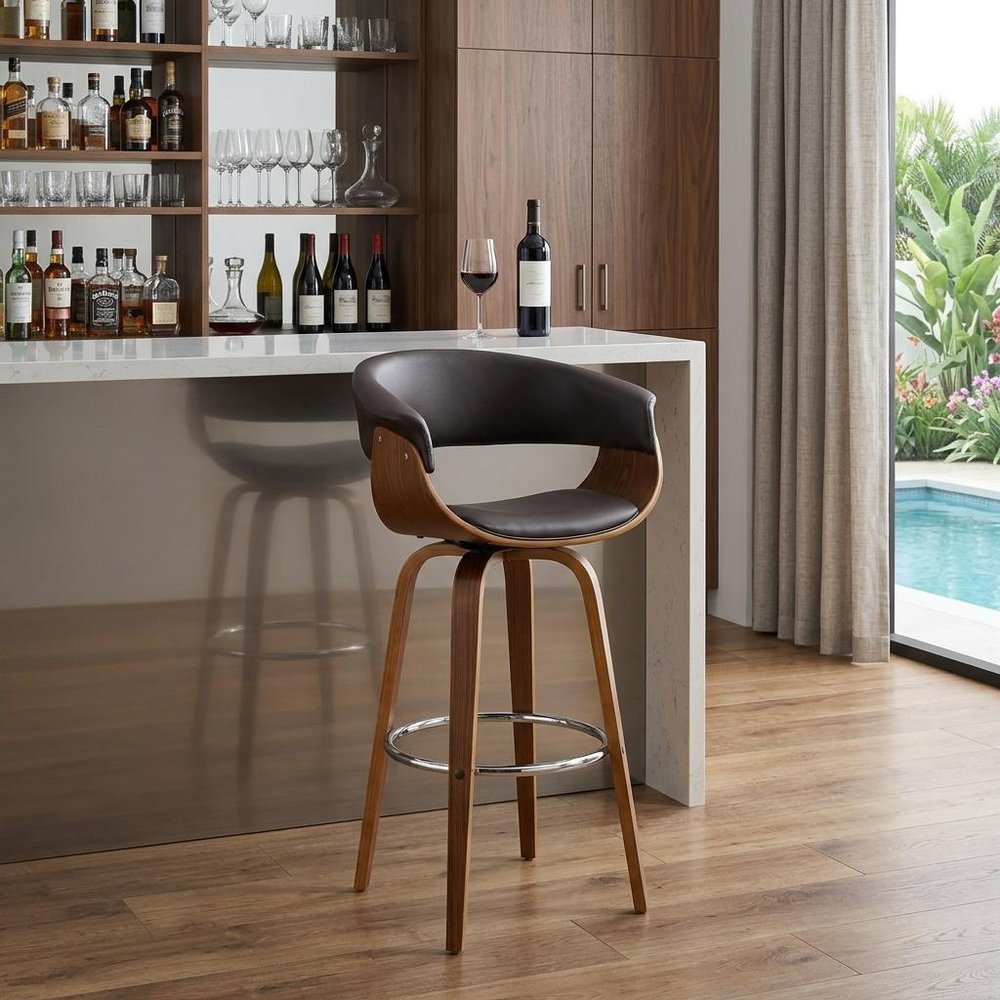 31" Brown Faux Leather And Solid Wood Swivel Low Back Bar Height Bar Chair