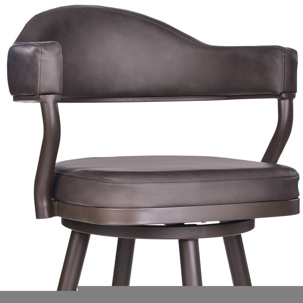 30" Brown Faux Leather And Iron Swivel Bar Height Bar Chair