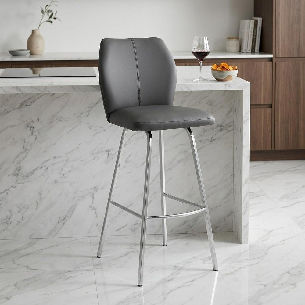 26" Gray And Silver Fabric And Iron Counter Height Bar Chair