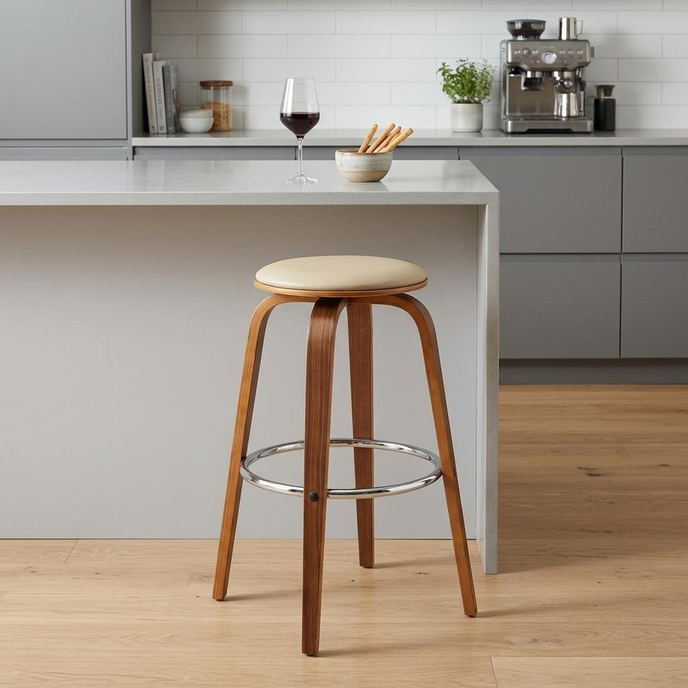 25" Cream And Brown Fabric And Iron Backless Counter Height Swivel Bar Chair