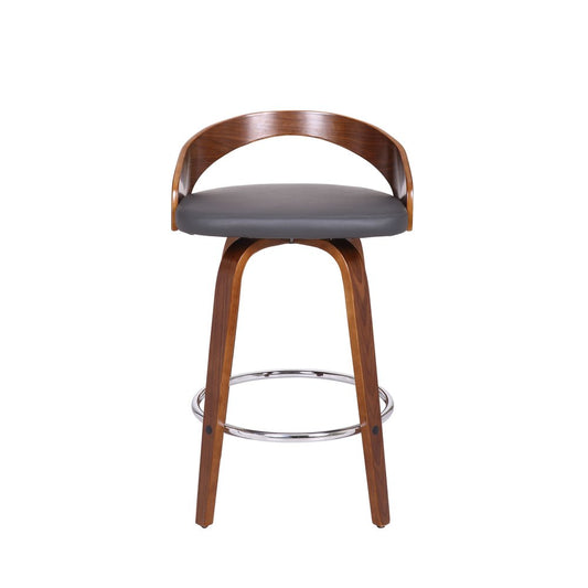 26" Gray and Brown Faux Leather and Iron Low Back Counter Height Swivel Bar Chair