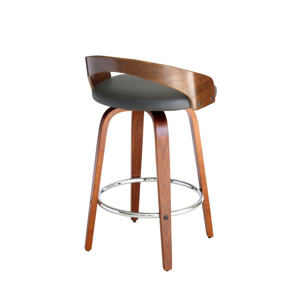 26" Gray and Brown Faux Leather and Iron Low Back Counter Height Swivel Bar Chair