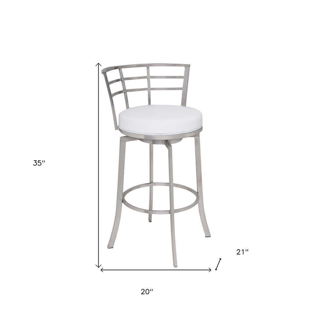 26" White And Silver Faux Leather And Iron Swivel Low Back Counter Height Bar Chair