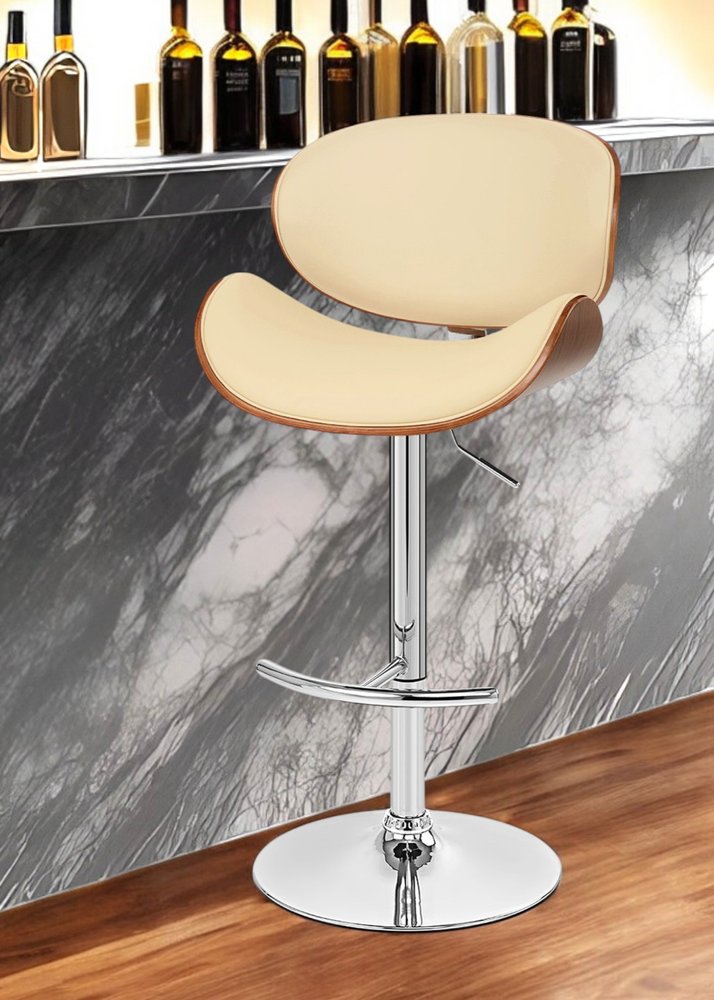 Cream and Silver Faux Leather and Solid Wood Low Back Adjustable Height Swivel Bar Chair