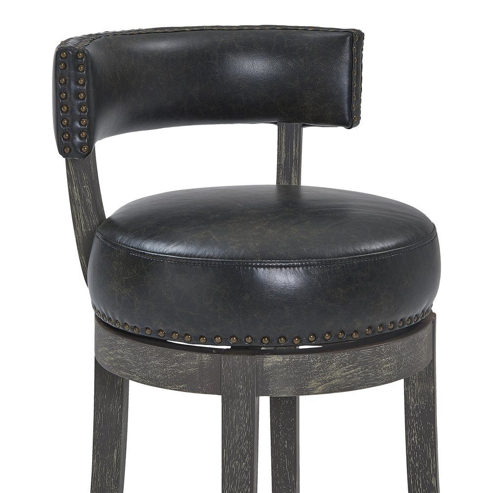 31" Onyx and Gray Faux Leather and Solid Wood Low Back Bar Height Swivel Bar Chair