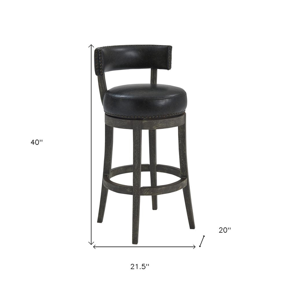 31" Onyx and Gray Faux Leather and Solid Wood Low Back Bar Height Swivel Bar Chair