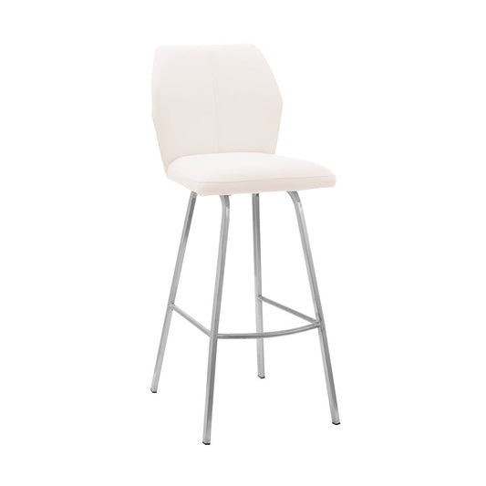 26" White And Silver Faux Leather And Iron Counter Height Bar Chair
