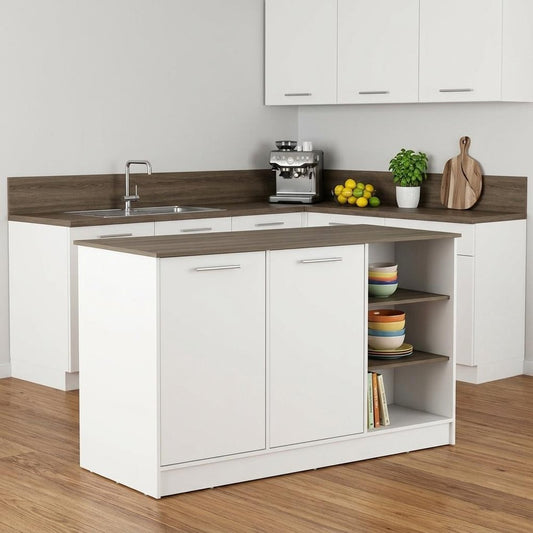 White and Brown 59" Kitchen Island With Storage