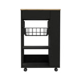 22" Natural And Black Wood Rolling Kitchen Cart With Storage