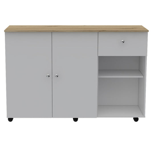54" Natural and White Wood Flat Door Rolling Kitchen Island With Storage