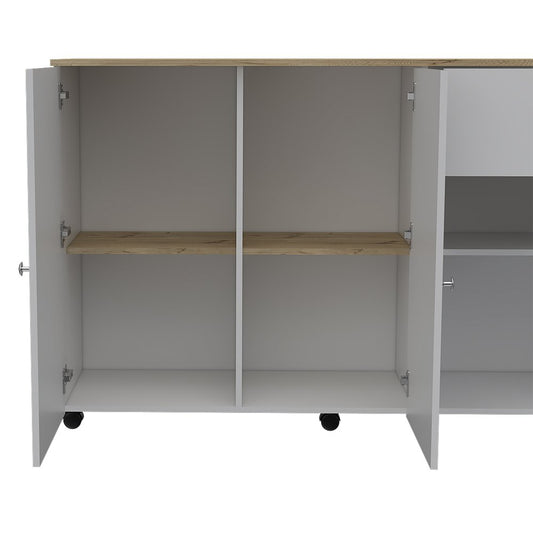 54" Natural and White Wood Flat Door Rolling Kitchen Island With Storage