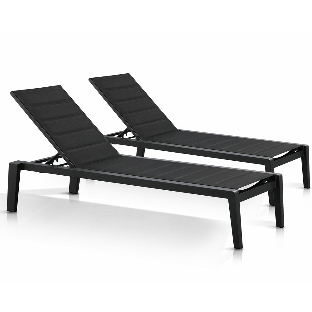 Set of Two Black Aluminum Sling Outdoor Chaise Lounges