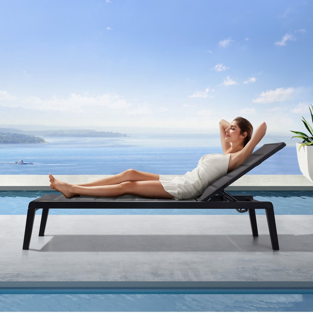 Set of Two Black Aluminum Sling Outdoor Chaise Lounges