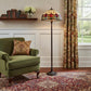 62" Brown Two Light Traditional Shaped Floor Lamp With Red Flowers Stained Glass Dome Shade