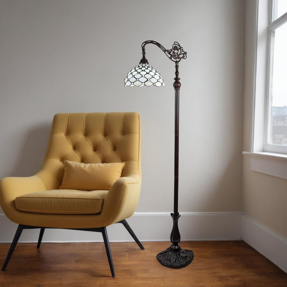 62" Brown And White Metal Floor Lamp With White Glass Bowl Shade