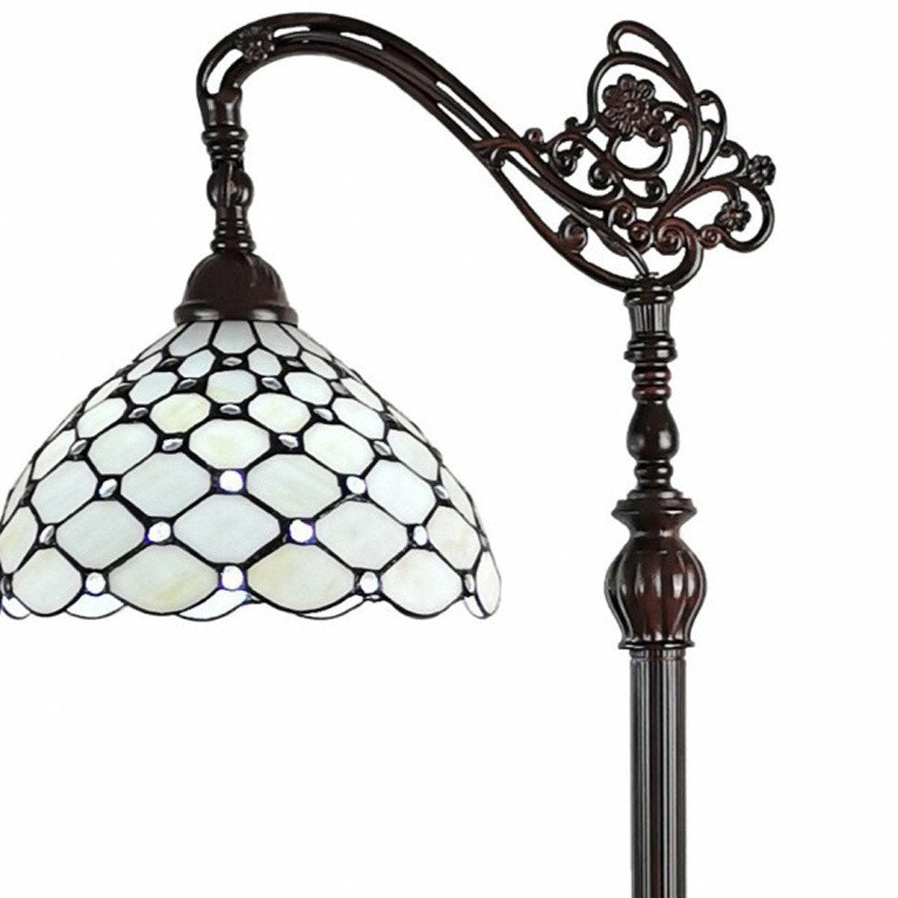 62" Brown And White Metal Floor Lamp With White Glass Bowl Shade
