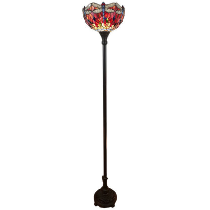 69" Black And Red Torchiere Floor Lamp With Red Dragonfly Glass Dome Shade