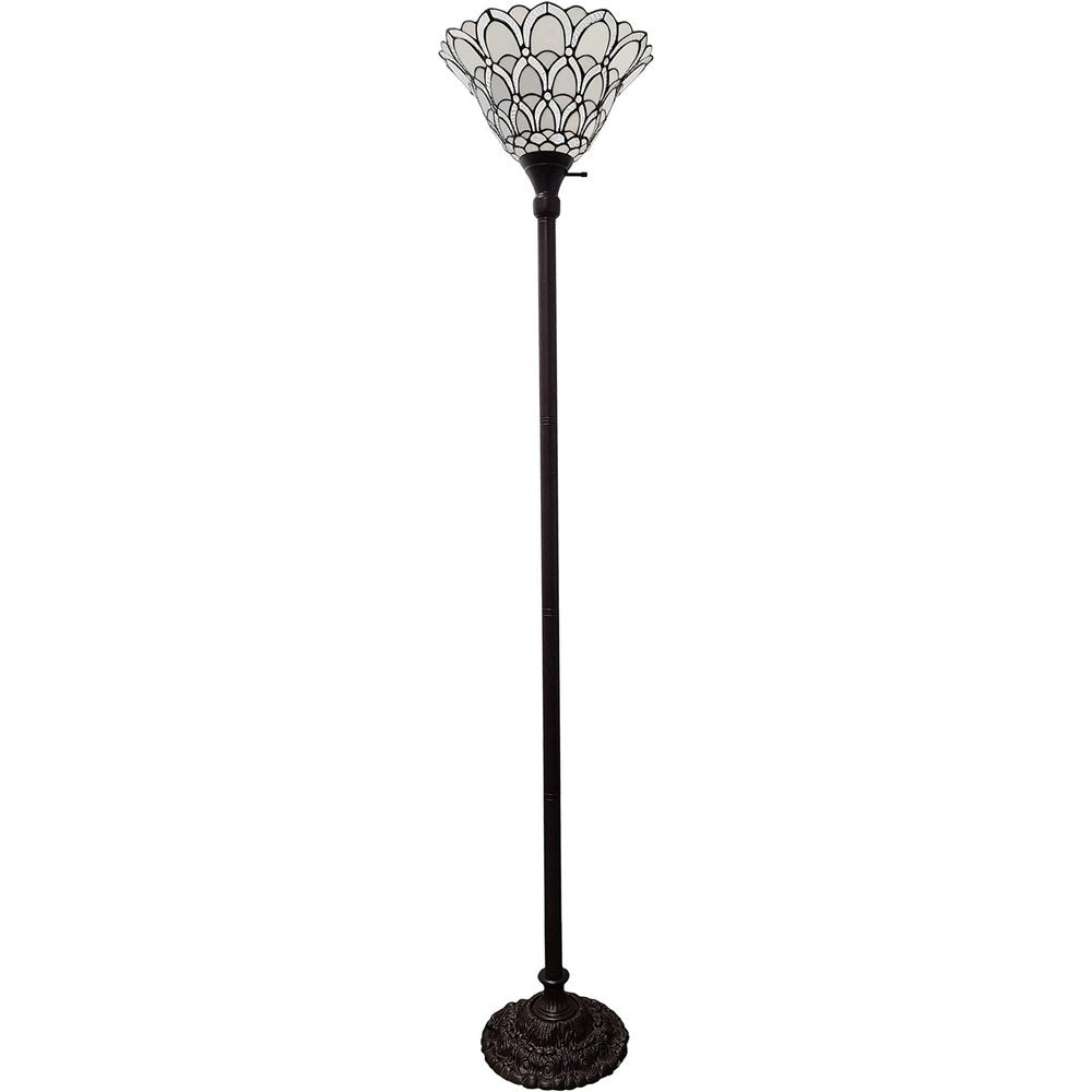 62" Brown And White Floor Lamp With White Peacock Feather Glass Bell Shade