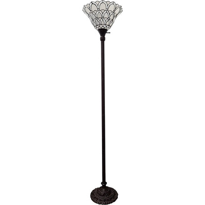 62" Brown And White Floor Lamp With White Peacock Feather Glass Bell Shade