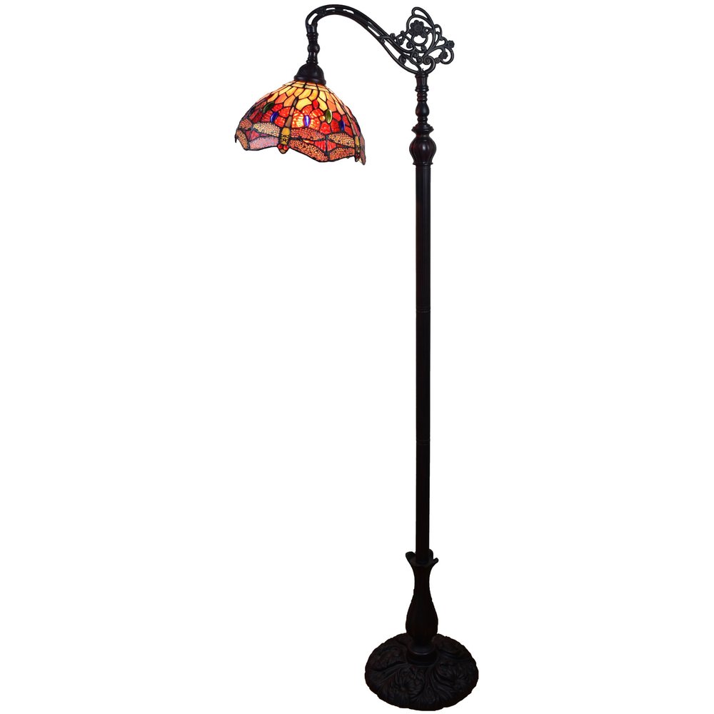 61" Black And Red Torchiere Floor Lamp With Red Dragonfly Glass Dome Shade