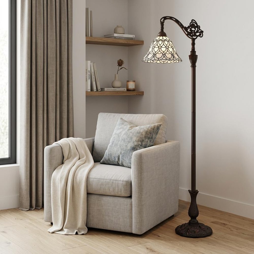 62" Brown Traditional Shaped Floor Lamp With White Stained Glass Bowl Shade